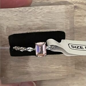 💖 Beautiful Stamped S925 Silver Ring with Pink Lab Created Topaz Ring-Size 8